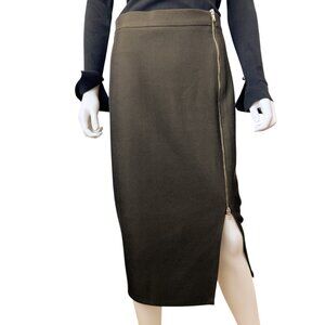 Zara Olive Green Zip Midi Skirt High Waist Slit Minimalist Size M